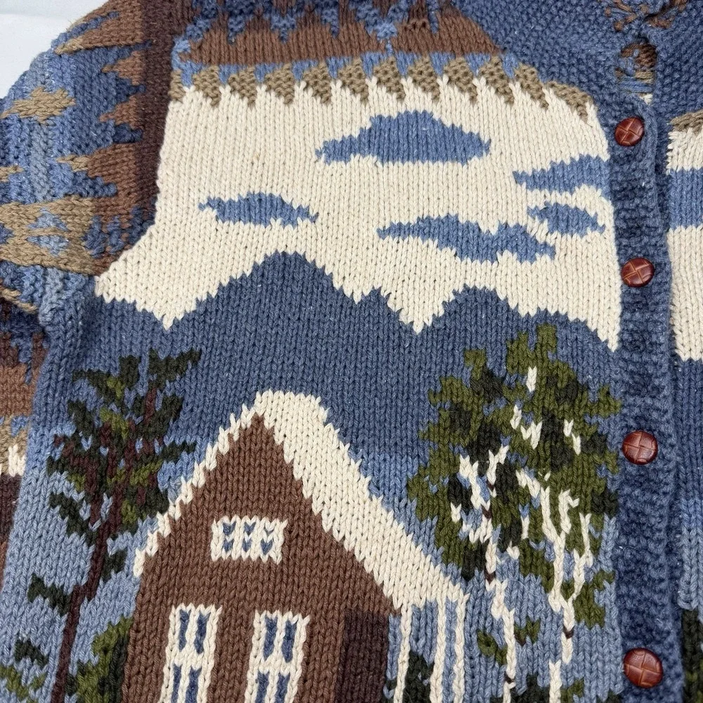 Vintage Northern Isles Women L Cardigan Sweater Forest Cabin Tree Winter Knit - Picture 5 of 13